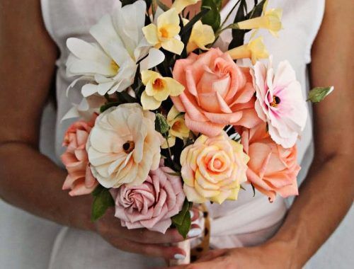 ramo de novia de flores de papel, ramo de flores de papel, flores de papel crepé, flores para siempre