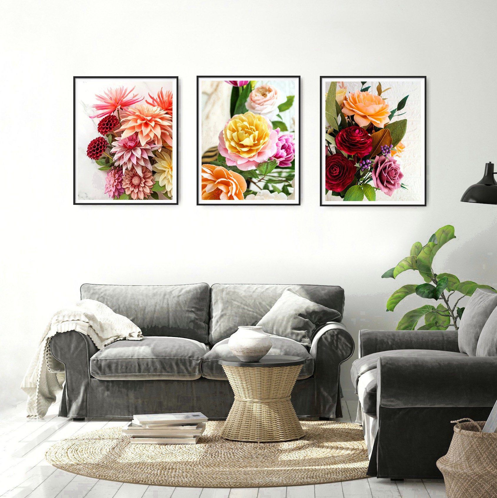 Set de 3 ilustraciones florales, set de cuadros con flores, láminas decorativas flores, láminas decorativas plantas, set de laminas salon - Imagen 5