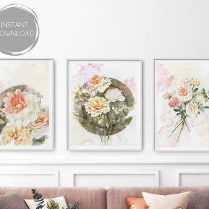 Set de 3 ilustraciones florales, set de cuadros con flores, láminas decorativas flores, láminas decorativas plantas, set de laminas salon
