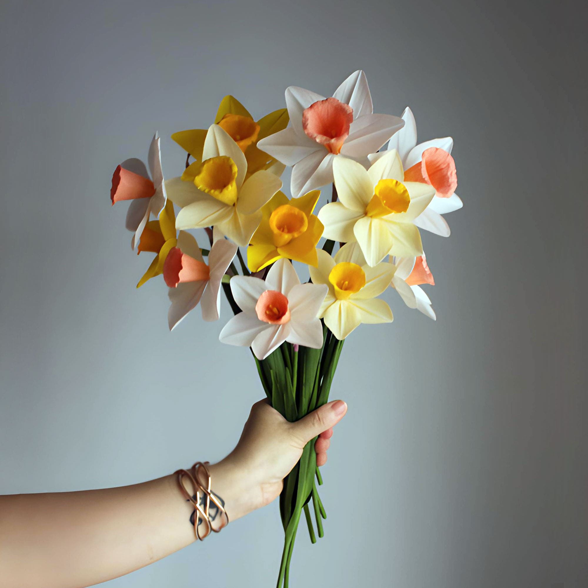 narcisos de papel crepé, flores de papel, ramo de papel, ramo de flores de papel crepé